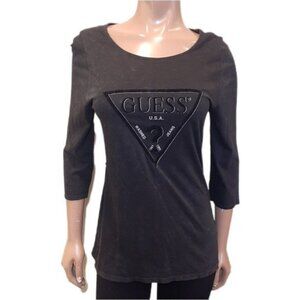 Guess Acid Wash Logo Top Womens Size Medium Faded Black Cut Out Long Sleeve